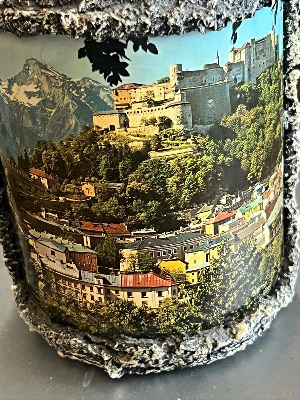 Faux  Bark Covered Wine Bottle Souvenir of Salzburg Austria Plus 6 Mini Mugs
